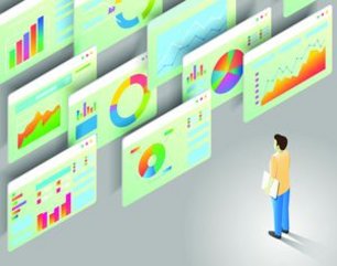 Männchen vor zahlreichen Bildschirmen mit Diagrammen