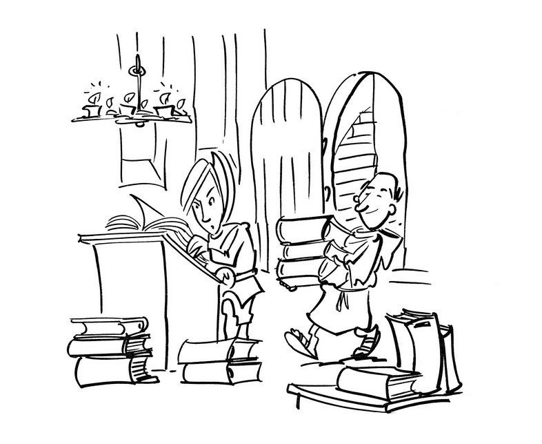 Zeichnung einer Klosterbibliothek mit diversen Bücherstapeln und einer Frau, die an einem Pult in einem Buch blättert; ein Mönch bringt einen Bücherstapel zur Tür herein. 