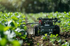 Close-up on a small automated agricultural machine applying fertilizer to individual plants on a field