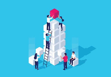 Illustration of teamwork with people building a tower of white cubes and placing a red block on top 
