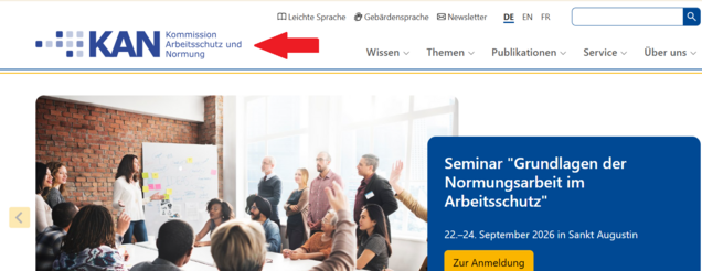 Bild von der Starseite von www.kan.de. Ein roter Pfeil zeigt auf das Logo der Kommission Arbeitsschutz und Normung.