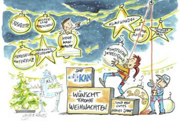 Die KAN wünscht frohe Weihnachten und ein gutes neues Jahr. An einer Lichterkette hängen Kugeln und Sterne mit den aktuellen Themen der KAN in 2026: Exoskelette, Fahrerlose Maschinen, Duroshnet Konferenz, Normungsverordnung, Neue KAN-Website, Klimawandel, KI, Körpermaße, Digitaler Produktpass.