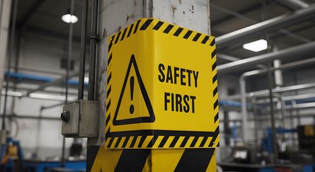 A yellow 'Safety First' sign prominently displayed in a workshop