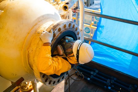 Mensch mit Schutzausrüstung in der Zugangsöffnung von einem Behälter