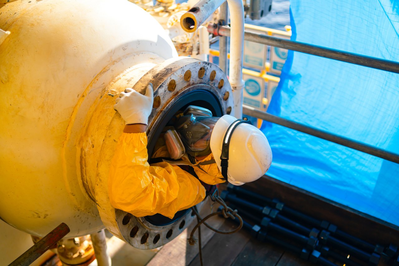 Mensch mit Schutzausrüstung in der Zugangsöffnung von einem Behälter