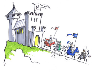 Zeichnung von vier Rittern zu Pferd, die die Burg KANelot verlassen. 