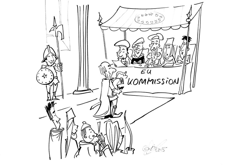 Drawing of five people in a tent labelled "EU Commission" who are talking to a knight in front of them