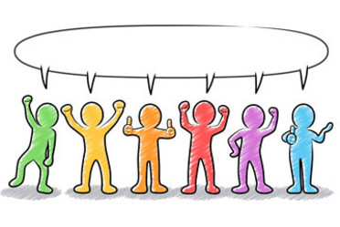 Illustration with six little men in different colours with a common speech bubble