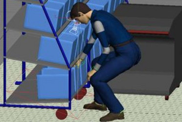 Modèle humain numérique d'une personne courbée attrapant une boîte tout en bas d'une étagère. L‘analyse OWAS met en évidence la nécessité d‘adapter le poste de travail.