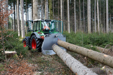 Traktor zieht mit Forstseilwinde zwei Baumstämme im Wald