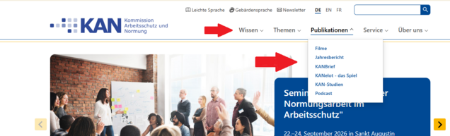 Bild von der Startseite von www.kan.de. Rote Pfeile zeigen auf das Hauptmenü und ein aufgeklapptes Untermenü