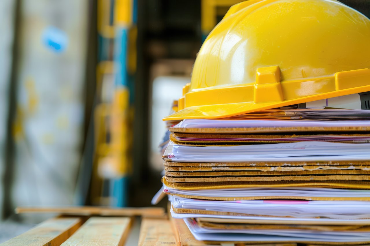 Un casque jaune repose sur une pile de documents, avec un chantier en arrière-plan flou