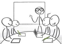 Skizze eines Meeting-Raumes, Dozent und 4 Seminarteilnehmer