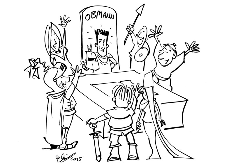 Zeichnung eines Konferenztisches, an dem sechs Personen einem Ritter auf einem thronartigen Stuhl mit der Aufschrift "Obmann" zujubeln. 