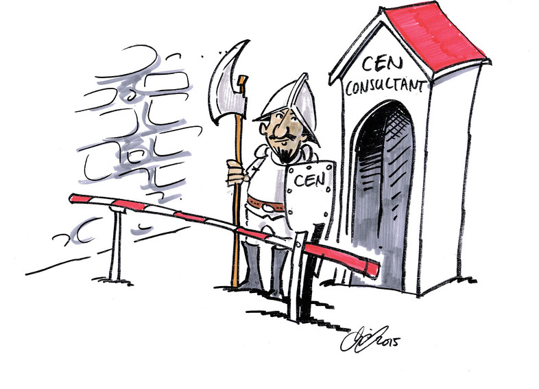 Zeichnung eines Wärters mit Helm, Schild und Hellebarde an einer Schranke, auf dem Wärterhäuschen die Aufschrift "CEN-Consultant"