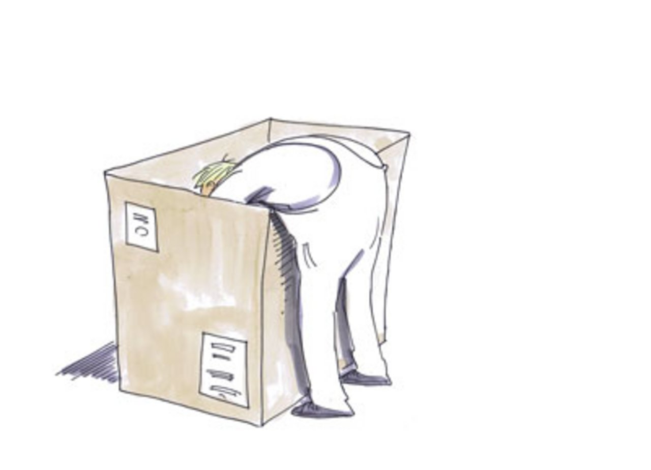 Zeichnung einer Persoon, die sich stehend über den Rand einer hüfthohen Kiste beugt