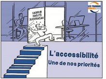 Image d'un homme sur un escalier raide, avec une porte décalée par rapport aux marches